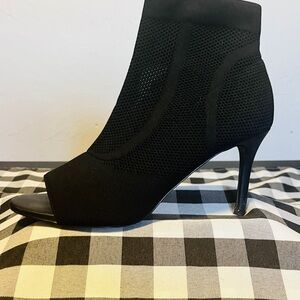Black Knit Peep-Toe Ankle Booties with Textured Fabric